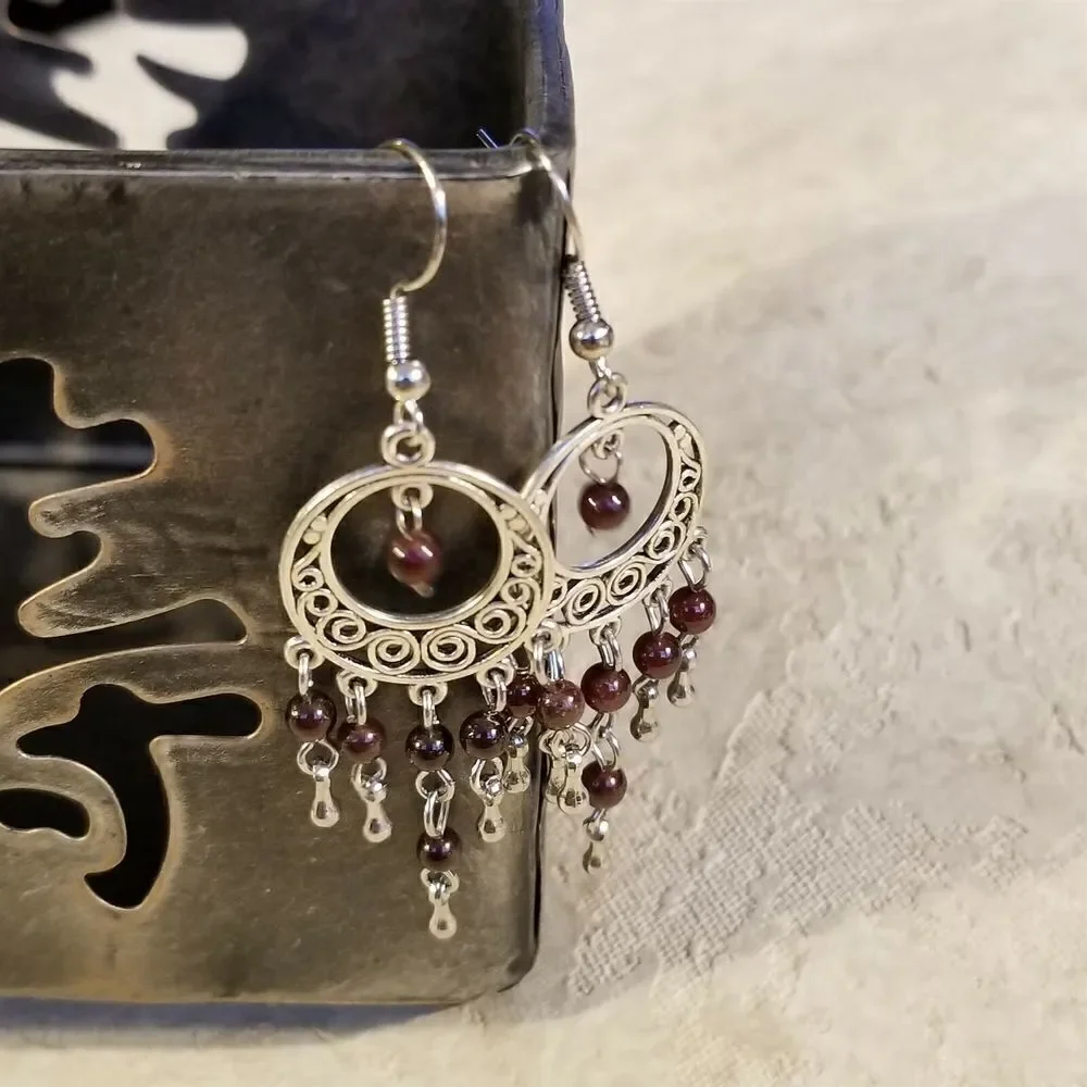Handcrafted Natural Red Garnet Gemstone Antique Silver Chandelier Earrings
